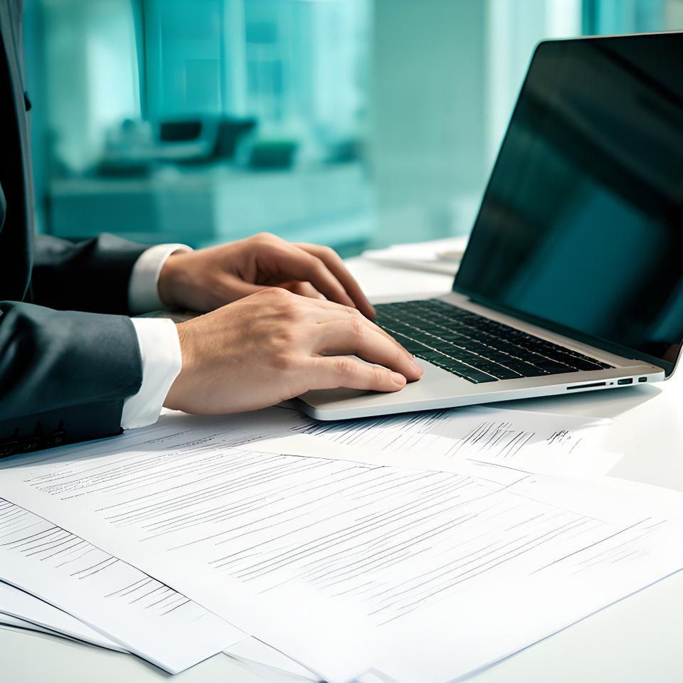 Solicitor reviewing a commercial agreement beside a laptop and printed clauses in a bright London workspace