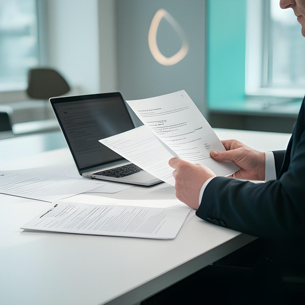 Drafting specialist reviewing a contract at a sharp desk in a London office with legal papers and a laptop