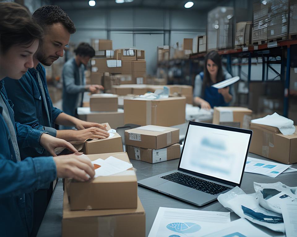 Online retail warehouse team packing parcels beside a laptop showing order disputes