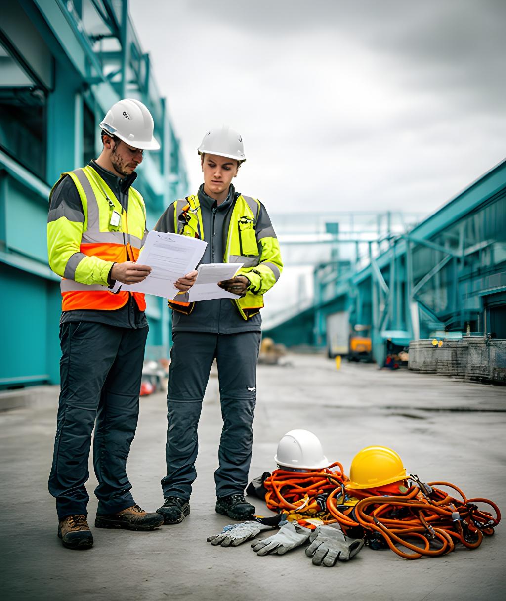 Confident workers on a London construction and delivery site reviewing contract documents beside protective equipment