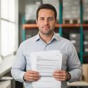 Food delivery startup director in a warehouse office holding a reviewed contract pack