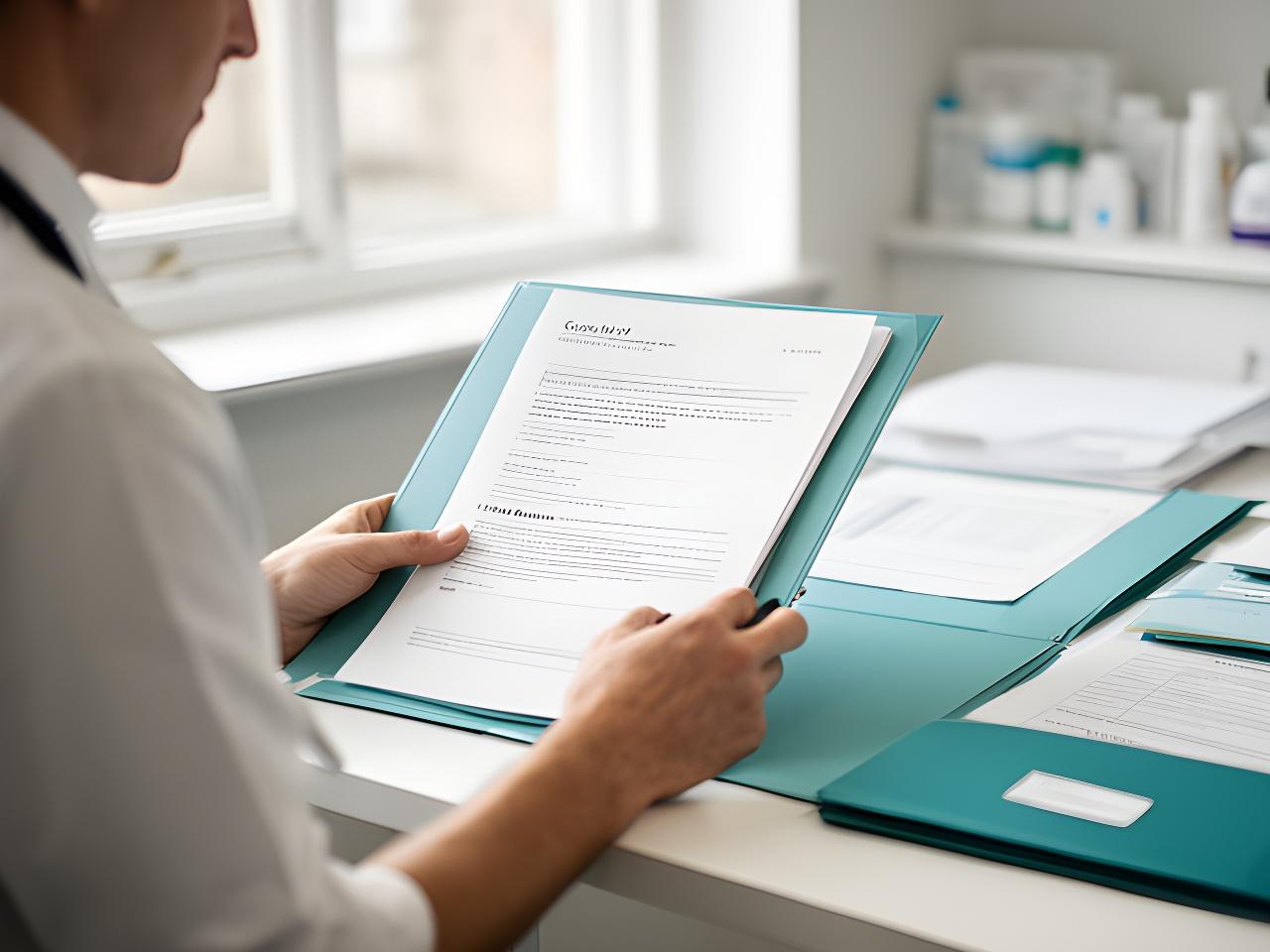 Private clinician reviewing consent paperwork in a bright London consulting room with neatly arranged medical files