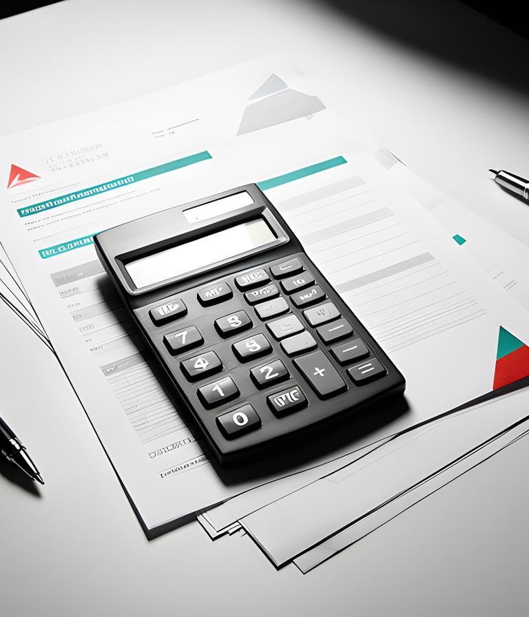 Monospace pricing note beside contract pages and a calculator on a stark desk with clipped shadows