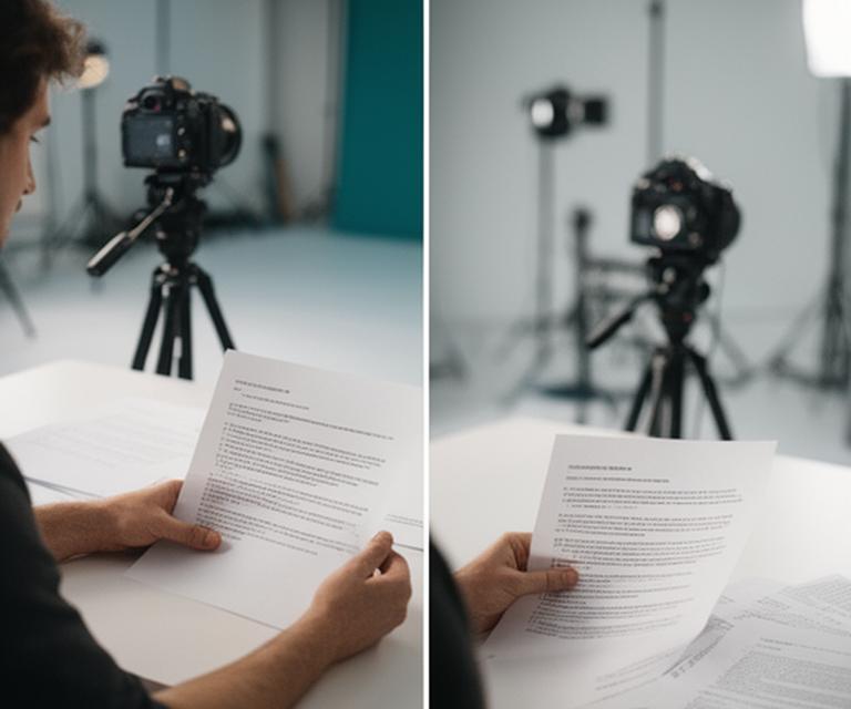 Content creator checking brand contract clauses beside a camera setup in a minimalist studio