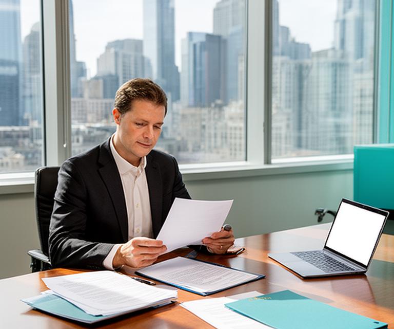 Property director reviewing service agreement paperwork in a bright boardroom with city skyline behind