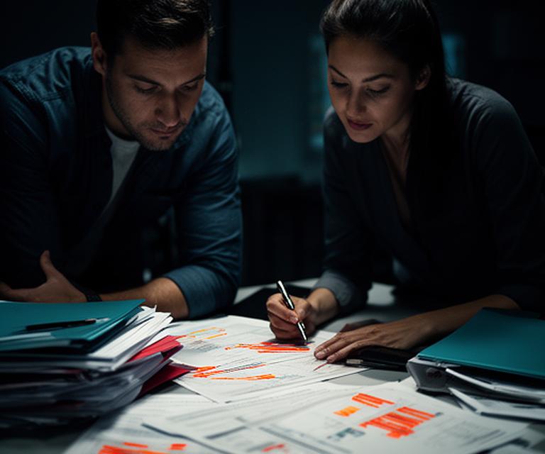 Startup founder and adviser reviewing cap table papers in a dark studio office with confidential notes