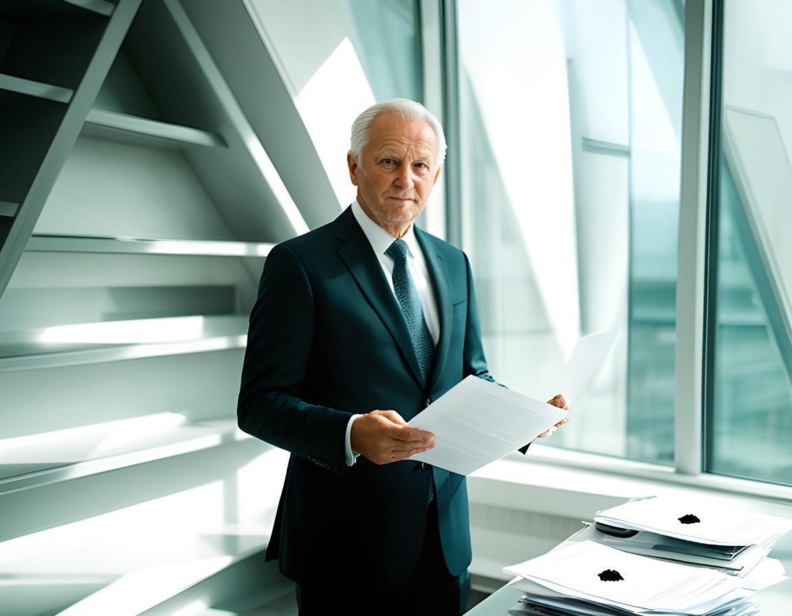 Senior contract drafter standing in a sharp architectural office with legal documents and natural side light