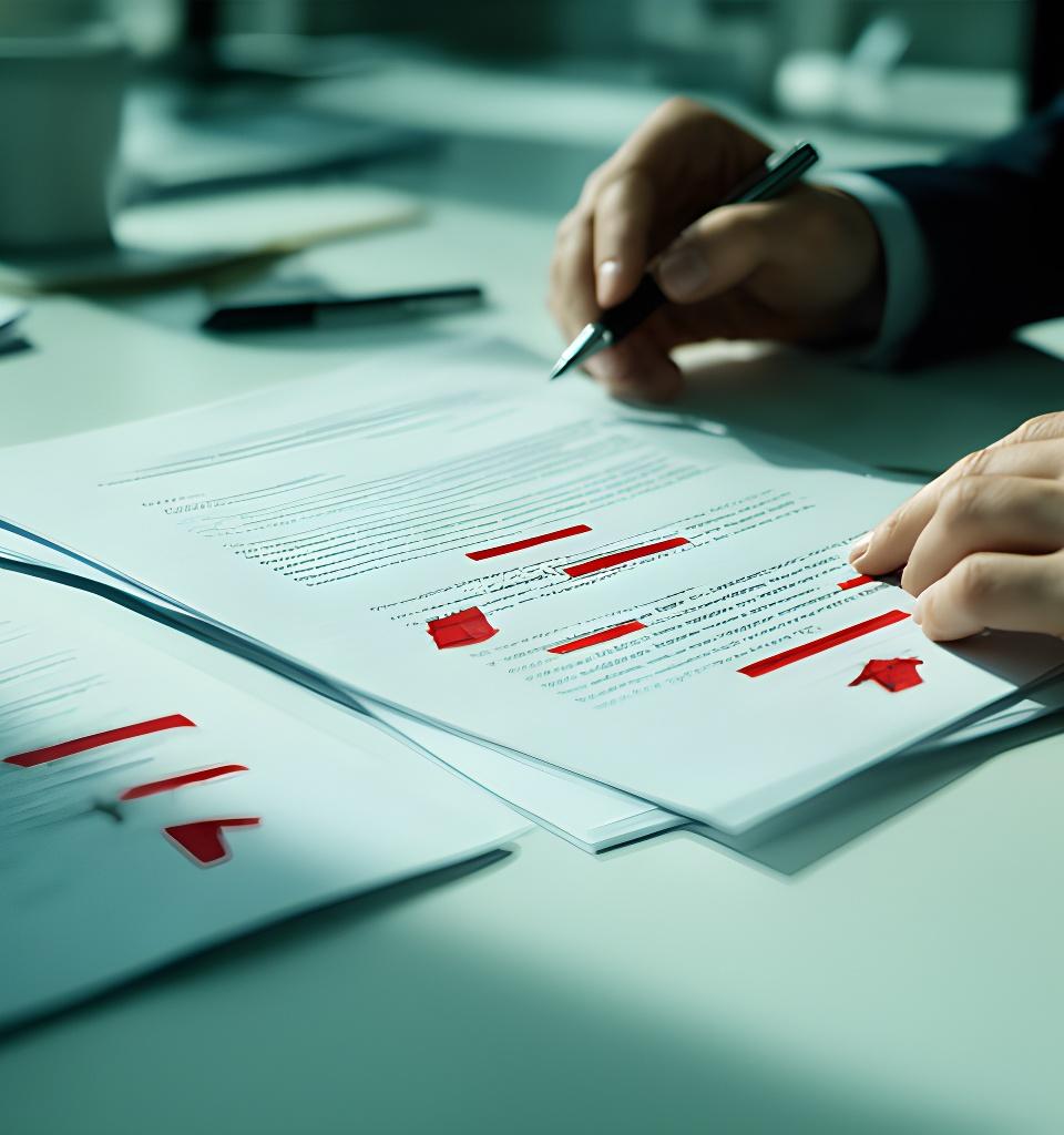 Close-up of a marked-up contract on a clean desk in a London office with redaction bars and precise annotations