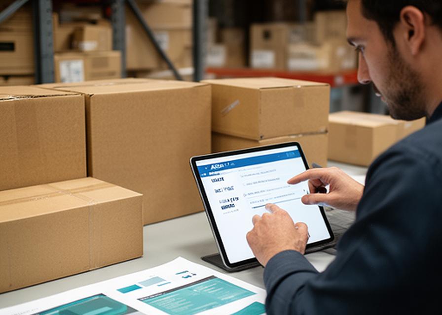 Operations manager checking ecommerce terms on a tablet beside boxed inventory in a warehouse office