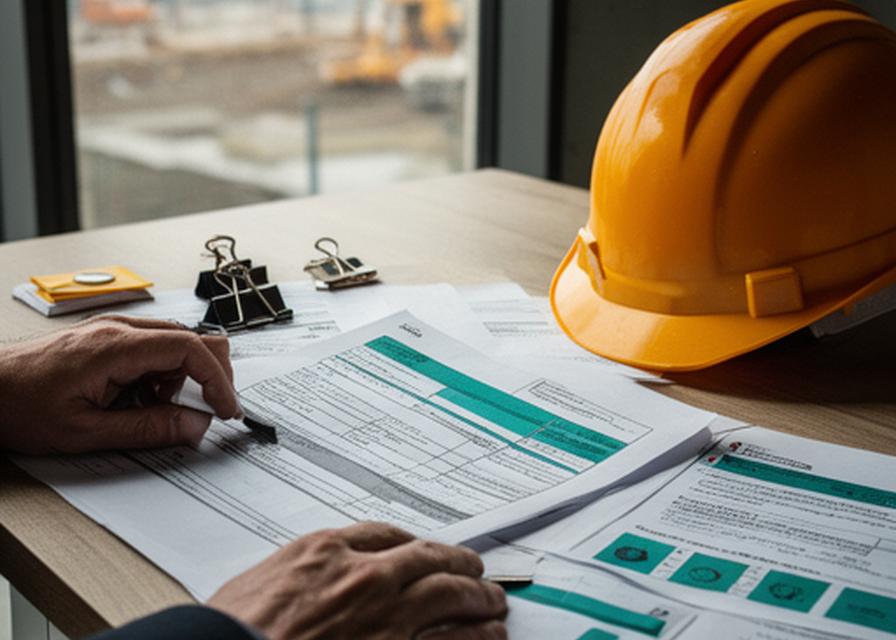 Project lead examining subcontract paperwork on a construction site office desk with safety helmet nearby