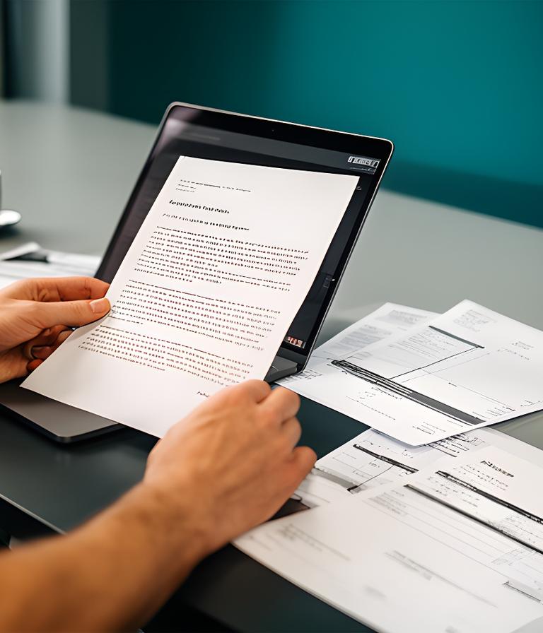 Creator reviewing a campaign agreement beside a laptop and invoice notes in a modern London workspace