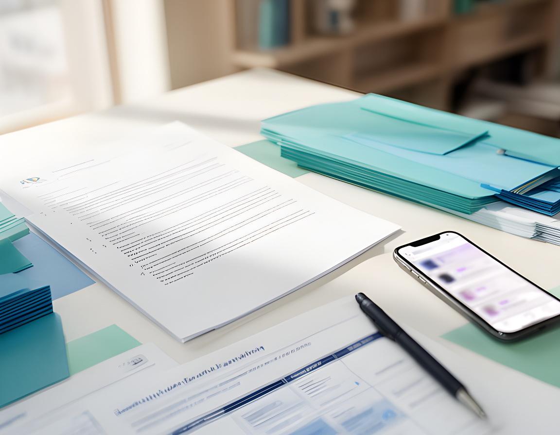 Creative desk setup with social media campaign notes, a contract draft and a phone showing branded content planning