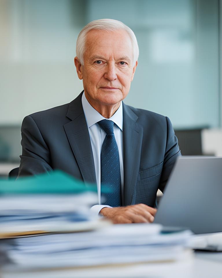 Senior contract drafter in a London office with direct eye contact and a practical working desk