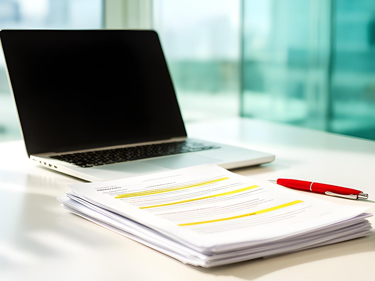 Architectural blueprint on a desk beside marked-up contract pages and a red pen in a bright London office