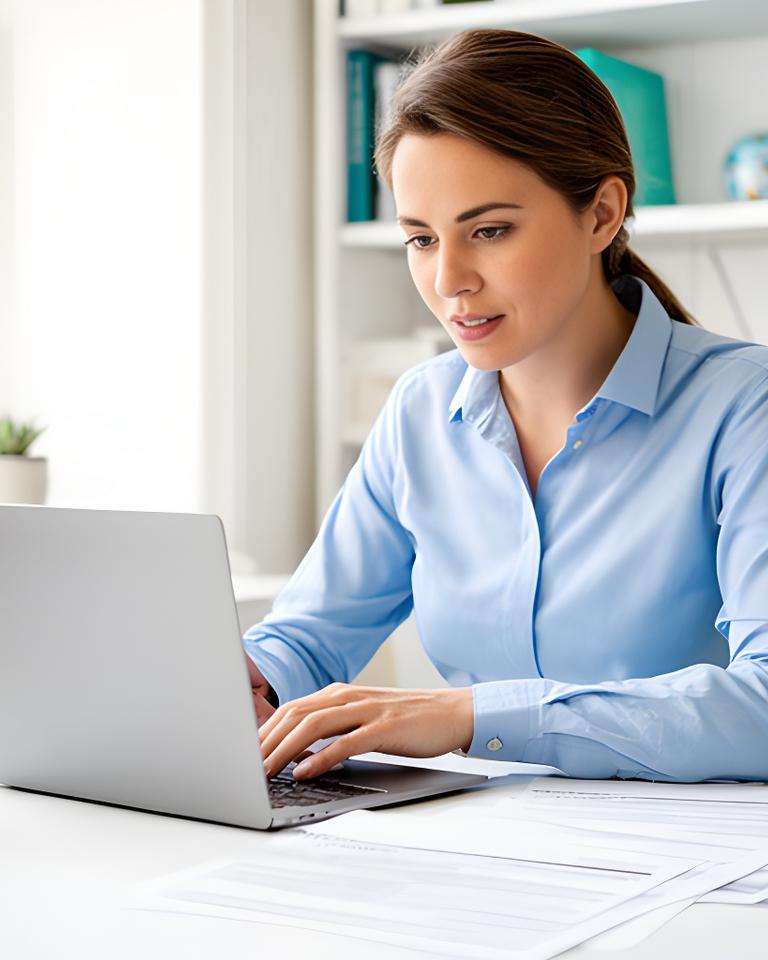 Legal consultant reviewing contract papers beside a laptop in a bright London studio