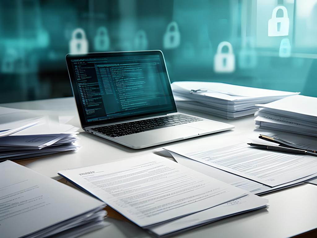 Legal documents and a secure laptop on a crisp office desk in London, showing careful data handling