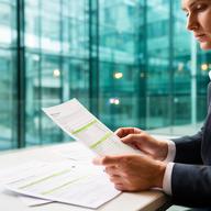 Property manager reviewing lease paperwork in a glass-fronted London office