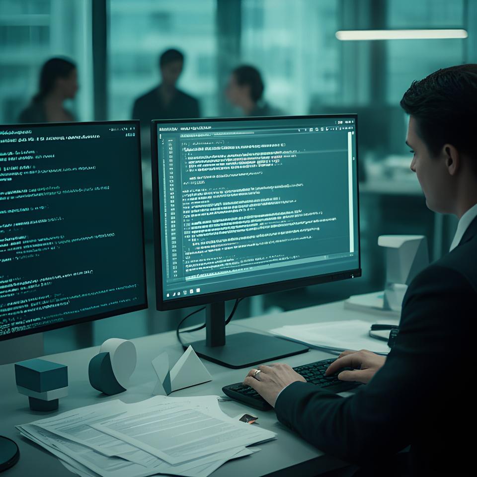 Contract drafting specialist reviewing software licence terms on a monitor beside a terminal-style code screen in a modern London office