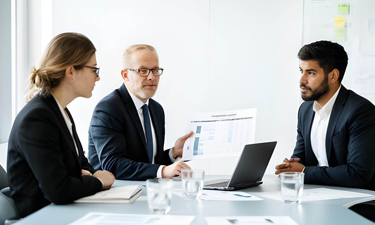 Solicitor reviewing a startup cap table with two founders in a bright meeting room