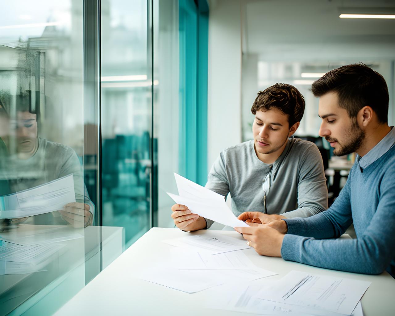 Two startup founders reviewing equity papers beside a glass wall in a modern London office