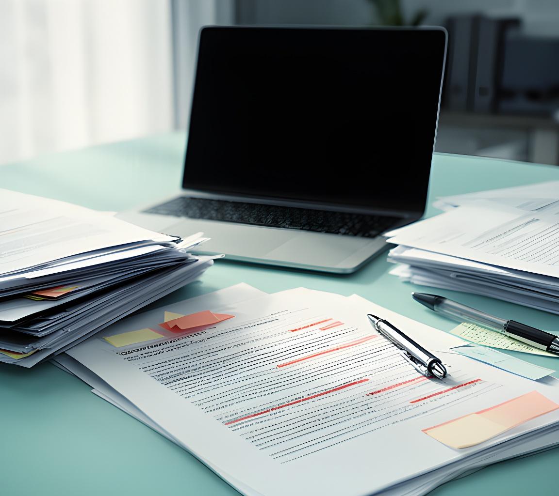Contract drafting desk with marked-up agreements, a laptop, and neat paper stacks in a London office
