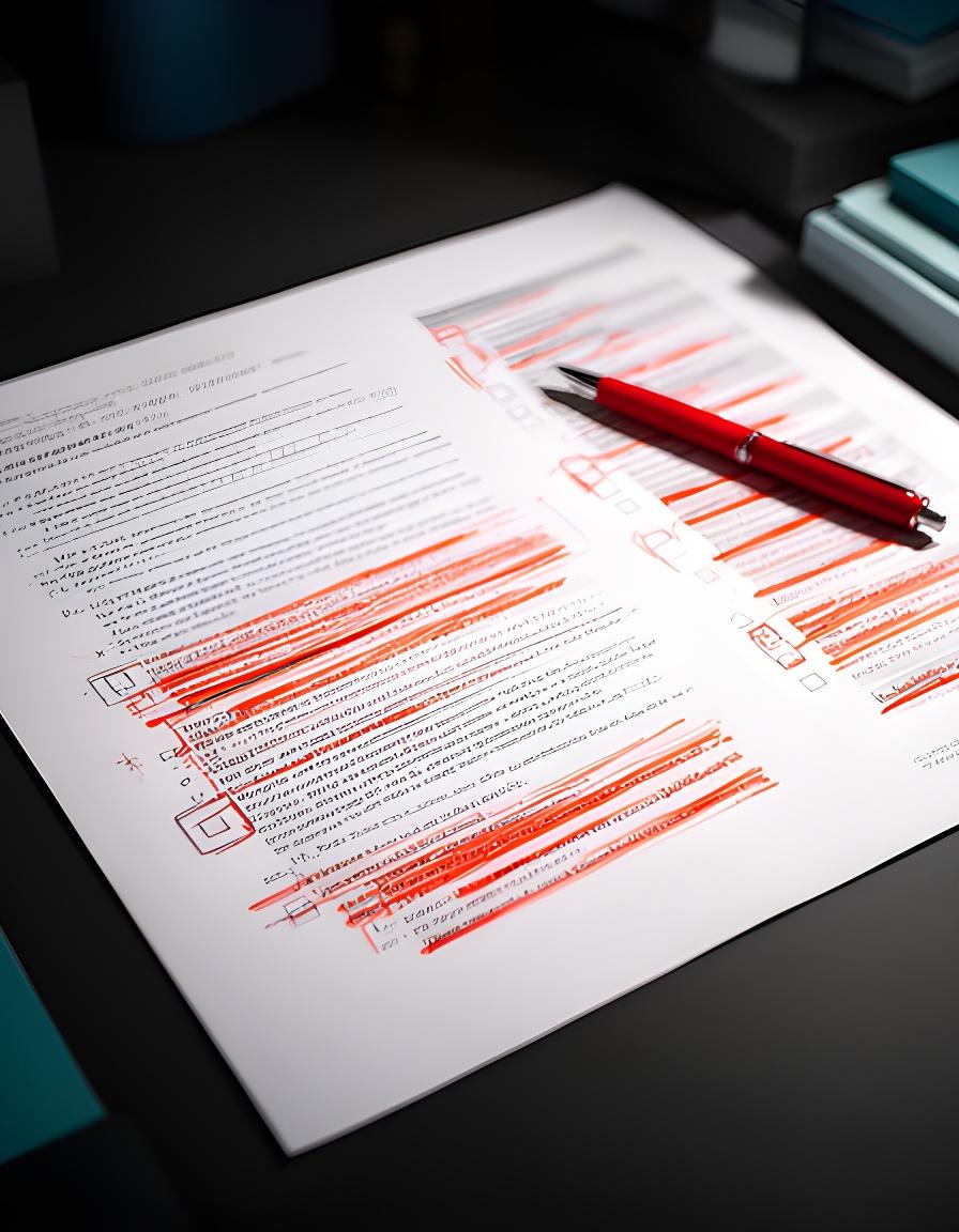 Legal drafts, highlighted clauses, and a red pen arranged beside a tidy revision checklist on a dark desk