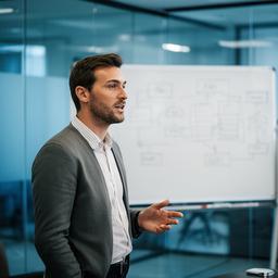 Burhana Chronnell speaking in a glass meeting room with software diagrams on a whiteboard