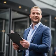 Venue owner holding a clipboard beside an event hall entrance in central London